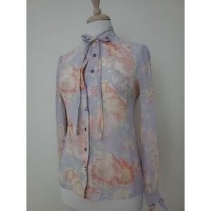Body By Victoria 100% Silk Floral Blouse Purple Pink Neck Bow Emily in Paris S‎